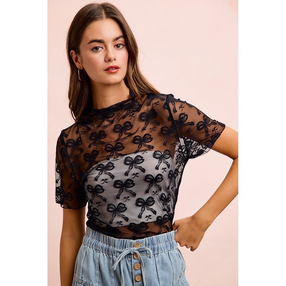 BiBi High Neckline Short Sleeves Bow Pattern Mesh Top - Black - Large - Picture 6 of 13